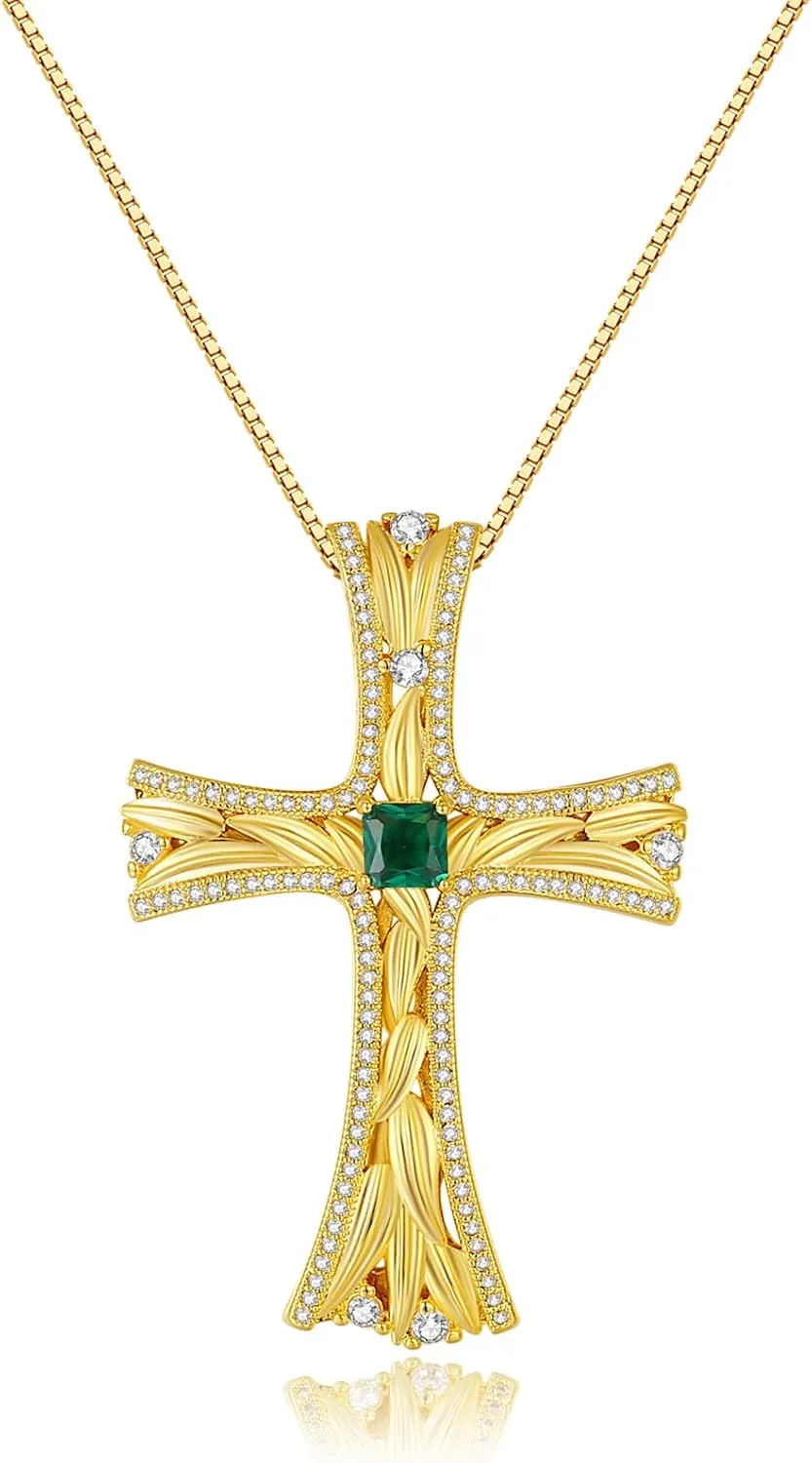18K Gold Plated Cross Necklace for Women Men, Cubic Zirconia Cross Faith Pendant Necklace, Statement Vintage Gold Necklace for Men Women