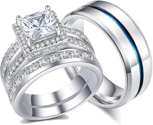 18k Gold Plated Princess Wedding Ring Sets for Him and Her Women Men Titanium Stainless Steel Bands 3.0Ct Cz Couple Rings