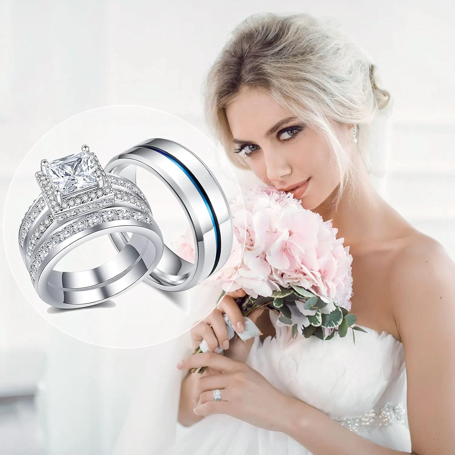 18k Gold Plated Princess Wedding Ring Sets for Him and Her Women Men Titanium Stainless Steel Bands 3.0Ct Cz Couple Rings