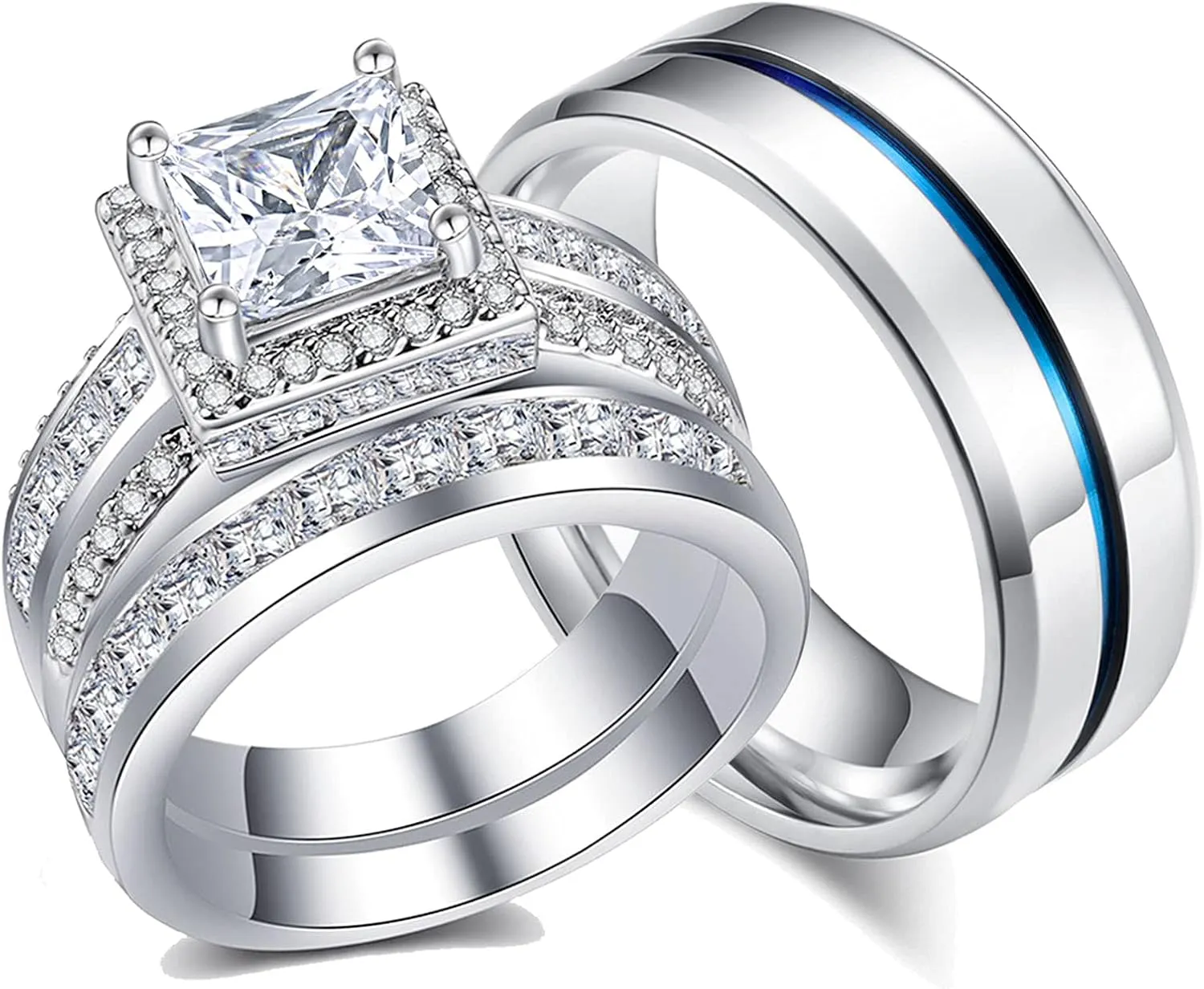 18k Gold Plated Princess Wedding Ring Sets for Him and Her Women Men Titanium Stainless Steel Bands 3.0Ct Cz Couple Rings