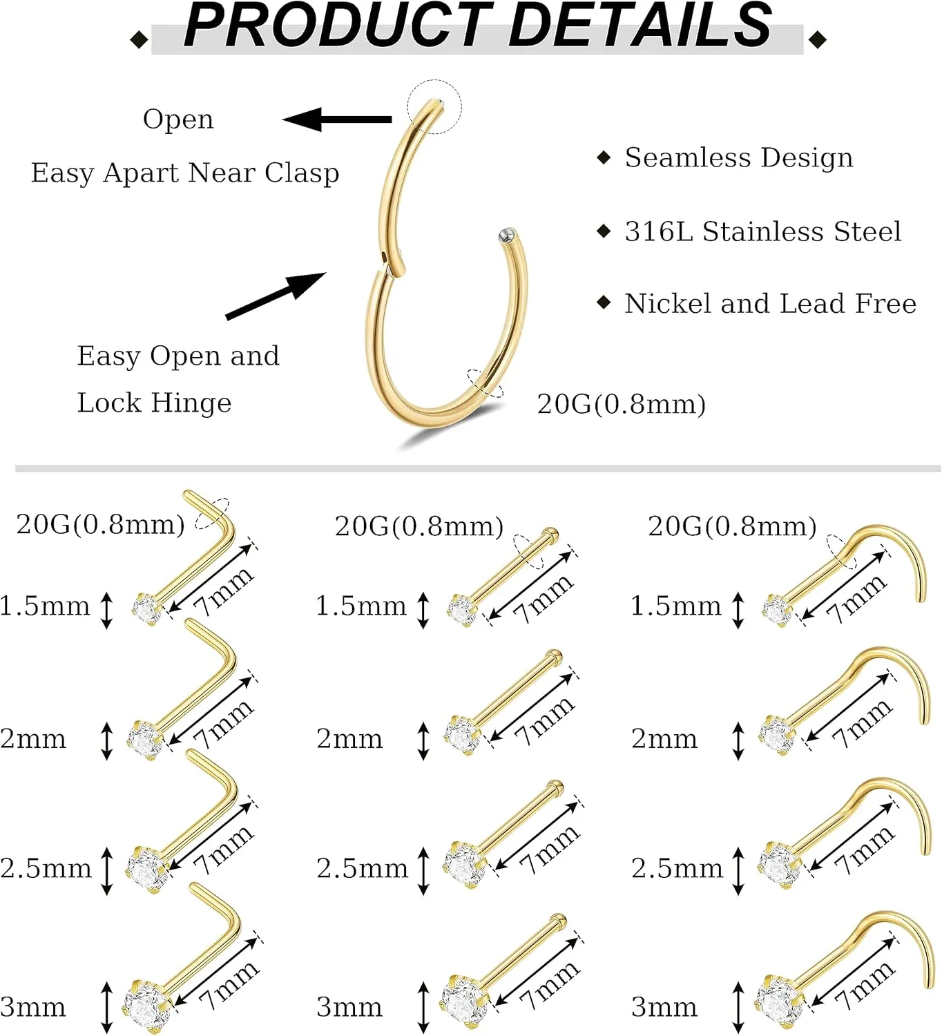 18PCS 20G 316L Stainless Steel Nose Rings for Women Men Clicker Hinged Nose Rings Hoops CZ Nose Studs Nose Piercing Jewelry
