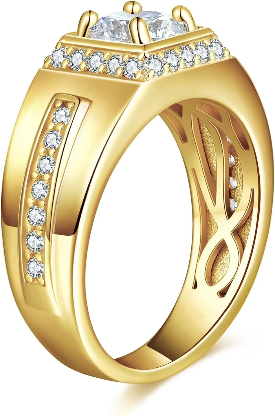 1CT Moissanite Mens Wedding Band 14K/White Gold Plated Engagement Rings for Men with Pave Round Cut 0.51Ct Cubic Zirconia Inner Ring Hollow Out Promise Ring for Him Size 8-12