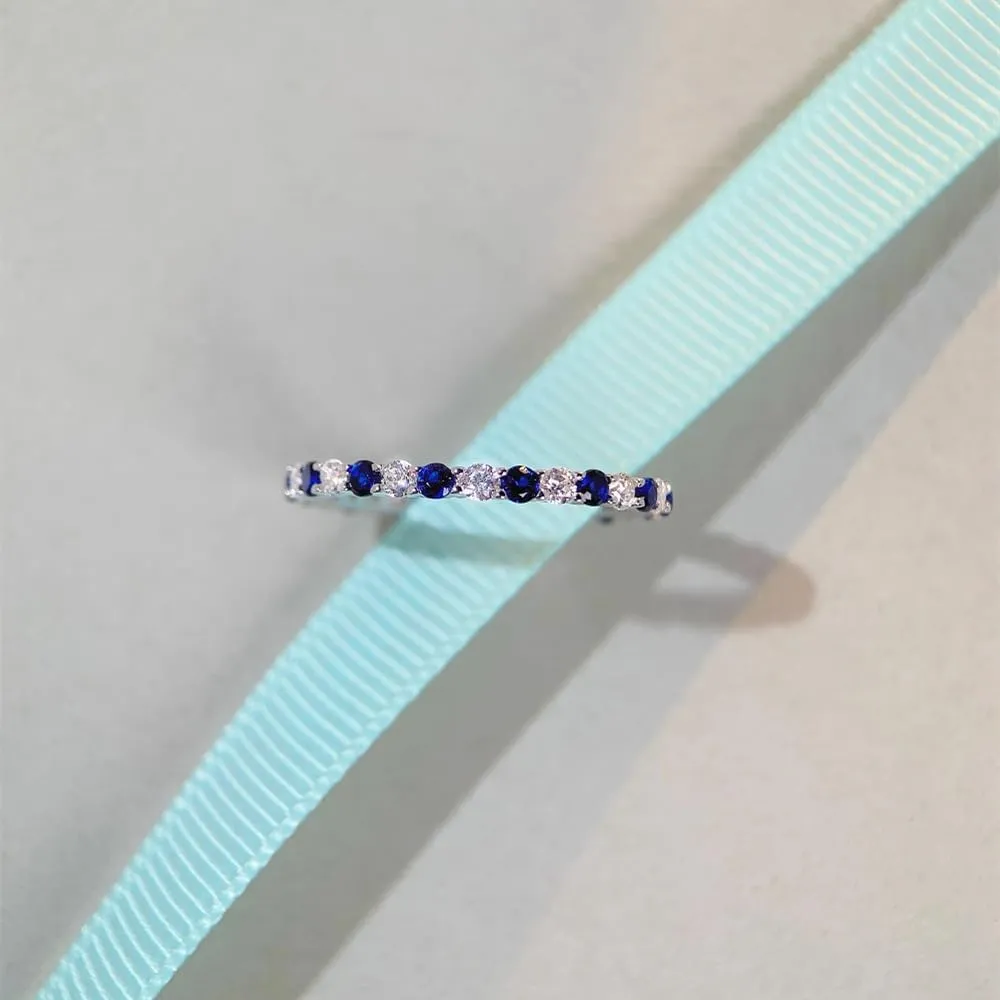 1mm Wedding Band Cubic Zirconia Half Eternity Stackable Engagement Ring Thin Simple Dainty Sapphire 925 Sterling Silver Plated CZ Simulated Diamond Midi Rings for Women Comfort Fit Size 6