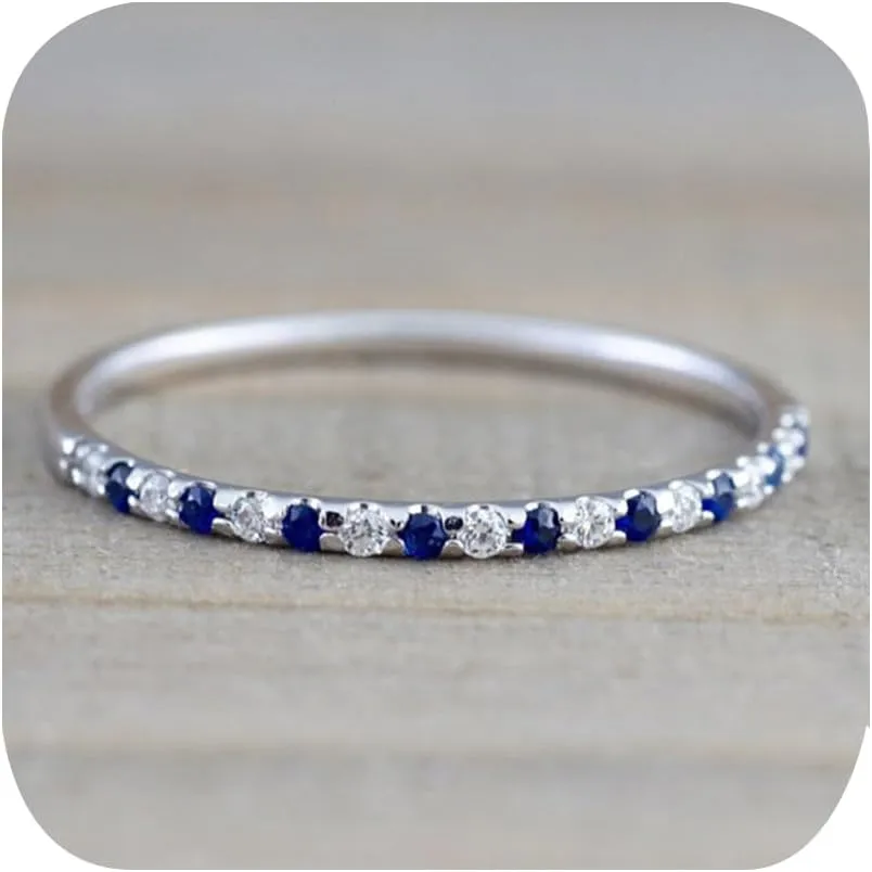 1mm Wedding Band Cubic Zirconia Half Eternity Stackable Engagement Ring Thin Simple Dainty Sapphire 925 Sterling Silver Plated CZ Simulated Diamond Midi Rings for Women Comfort Fit Size 6