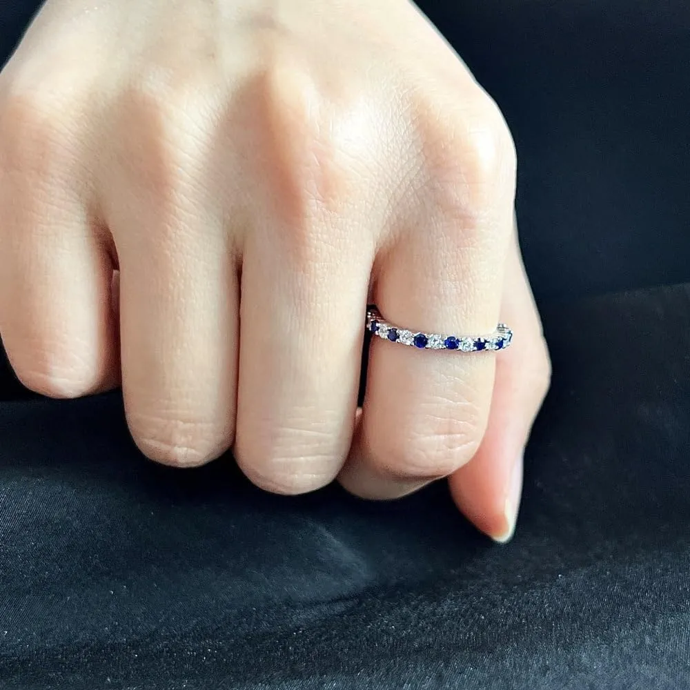 1mm Wedding Band Cubic Zirconia Half Eternity Stackable Engagement Ring Thin Simple Dainty Sapphire 925 Sterling Silver Plated CZ Simulated Diamond Midi Rings for Women Comfort Fit Size 6