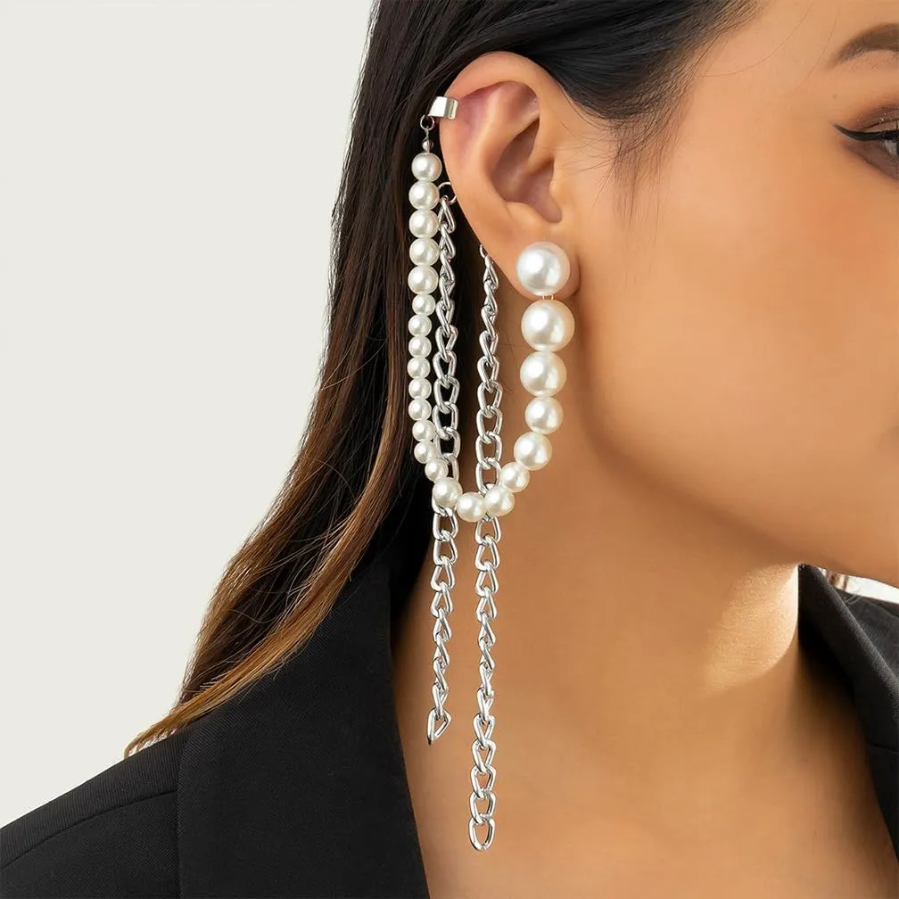 1Pcs Gold Geometric Pearls Long Dangle Earrings for Women Fashion Large Round Balls Pearl Cuff Link Chain Tassel Earring Trendy Aesthetic Statement Jewelry