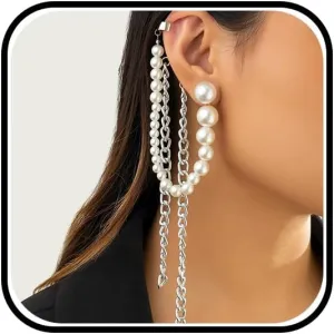 1Pcs Gold Geometric Pearls Long Dangle Earrings for Women Fashion Large Round Balls Pearl Cuff Link Chain Tassel Earring Trendy Aesthetic Statement Jewelry