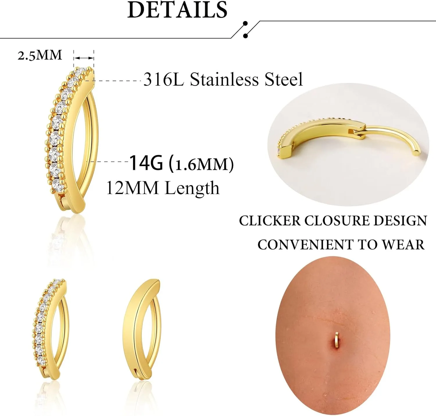 2-3Pcs Clicker Belly Button Rings for Women Dangle Belly Rings Cute CZ Opal Reverse Navel Rings Body Piercing Jewelry for Women 14G Silver Gold Tone