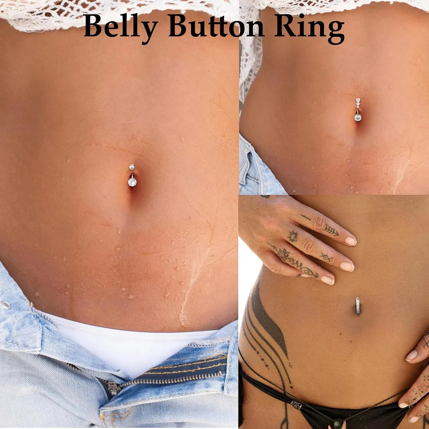 2-3Pcs Clicker Belly Button Rings for Women Dangle Belly Rings Cute CZ Opal Reverse Navel Rings Body Piercing Jewelry for Women 14G Silver Gold Tone