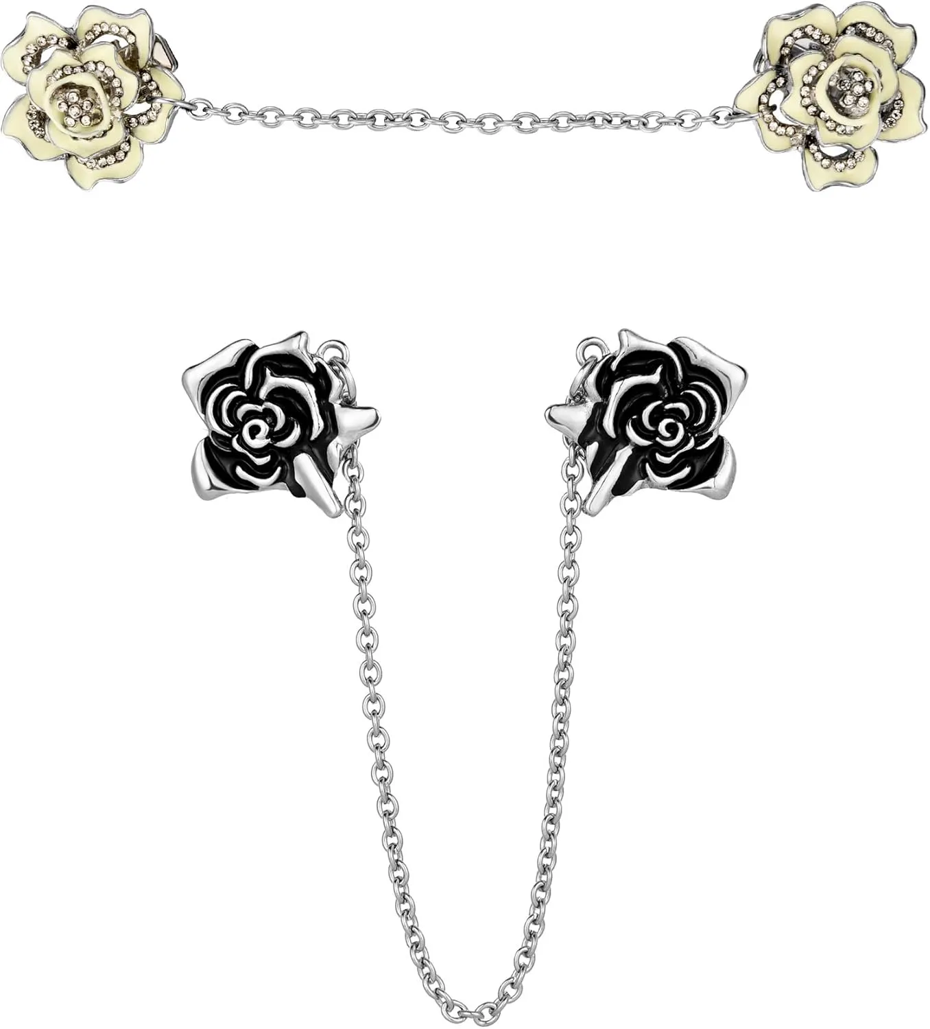 2 Pieces Rose Sweater Shawl Clips Cardigan Flowers Collar Dresses Clip with Chain for Women Girls (style Set 2)