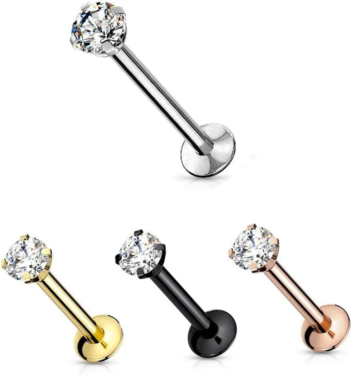 20G 18G Surgical Steel Labret Studs Threadless Push In Labret 2mm 3mm CZ Prong Set Lip Cluster Tragus Helix Medusa Cartilage Monroe Flat Back Earring Piercing Jewelry for Men Women 1/4-6mm, 5/16-8mm
