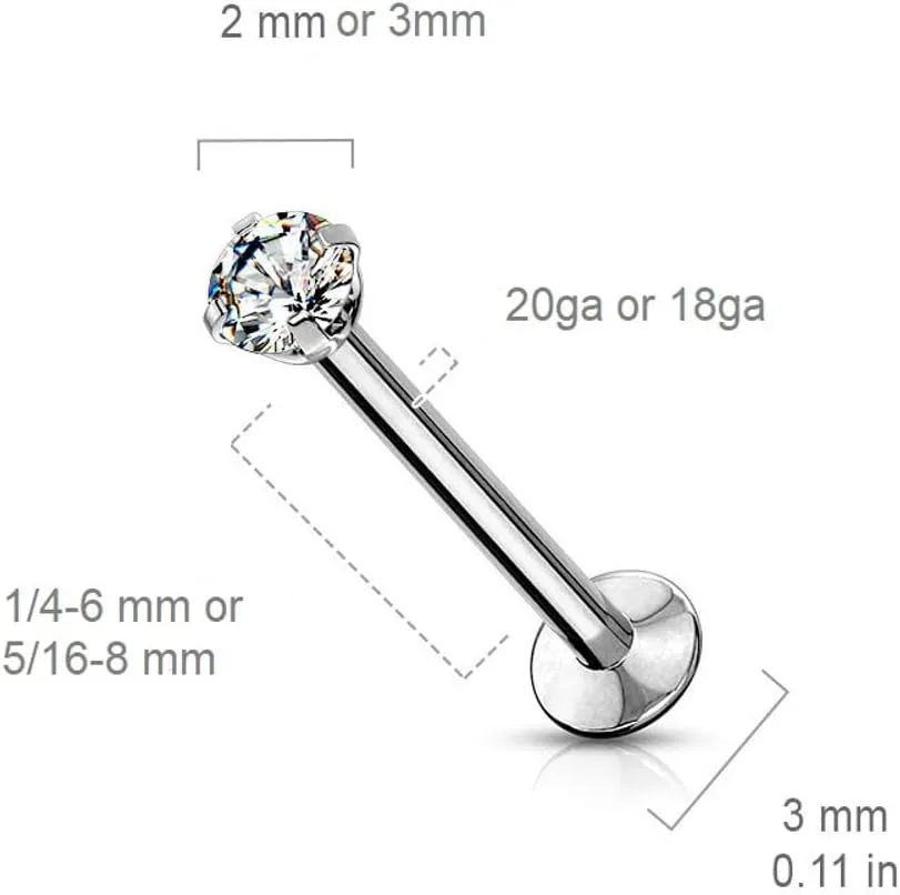 20G 18G Surgical Steel Labret Studs Threadless Push In Labret 2mm 3mm CZ Prong Set Lip Cluster Tragus Helix Medusa Cartilage Monroe Flat Back Earring Piercing Jewelry for Men Women 1/4-6mm, 5/16-8mm