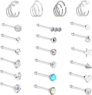 20G 30Pcs Nose Ring, CZ L Bone Screw Shape Nose Studs, Stainless Steel Body Piercing Jewelry, Women Men Silver Tone