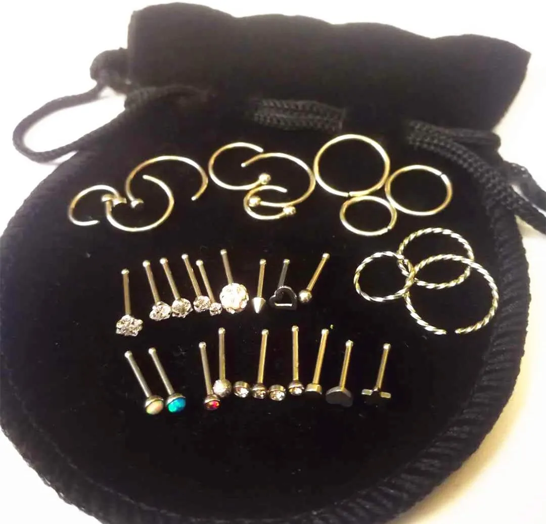 20G 30Pcs Nose Ring, CZ L Bone Screw Shape Nose Studs, Stainless Steel Body Piercing Jewelry, Women Men Silver Tone