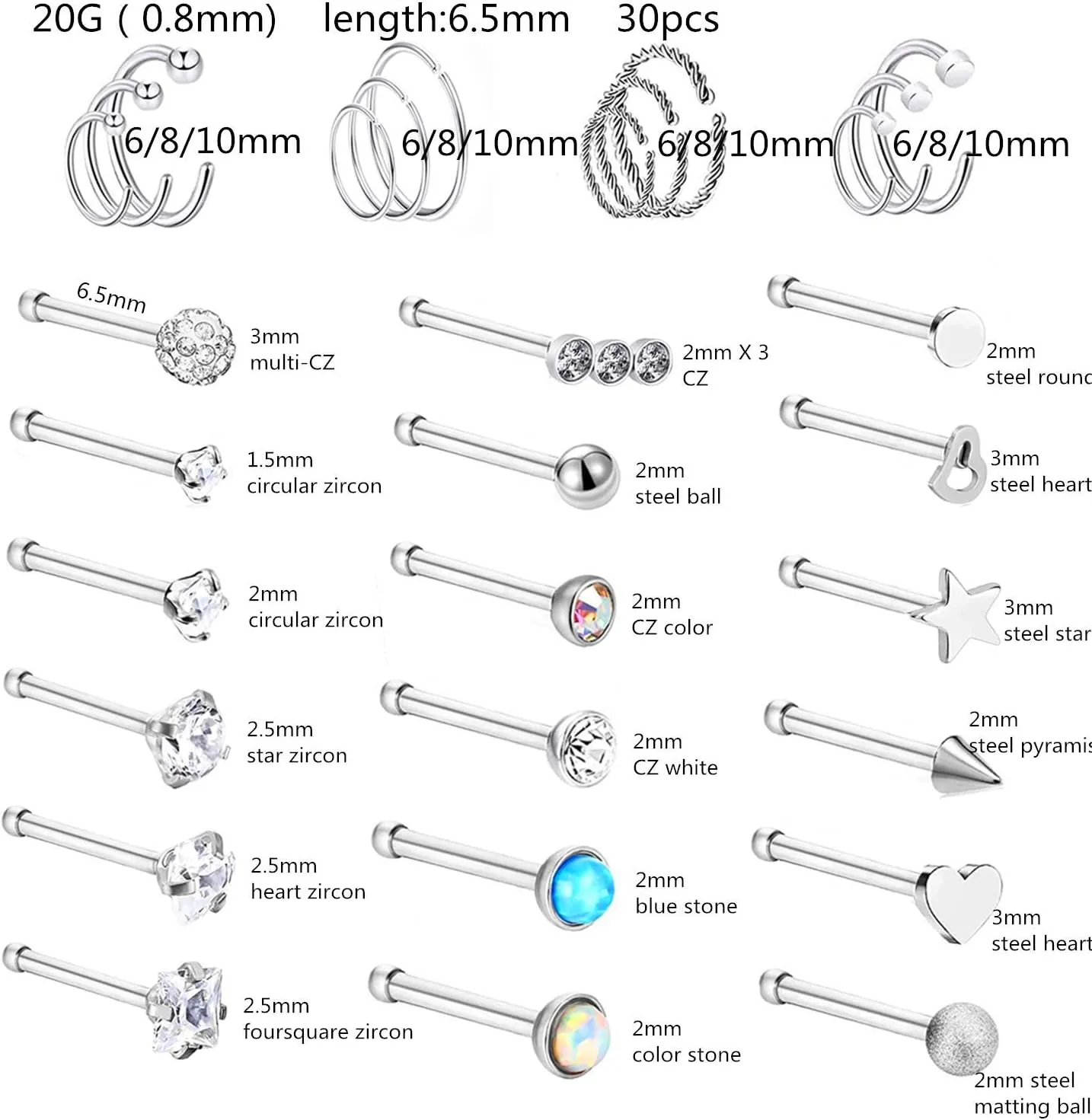 20G 30Pcs Nose Ring, CZ L Bone Screw Shape Nose Studs, Stainless Steel Body Piercing Jewelry, Women Men Silver Tone