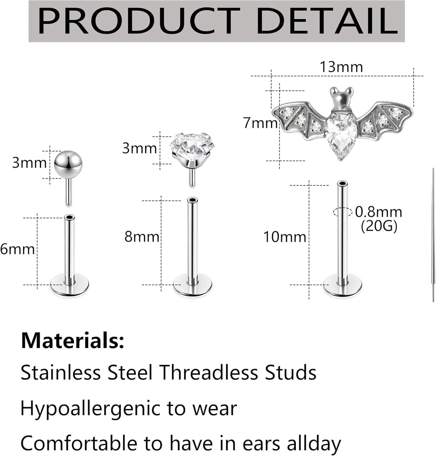 20G Flat Back Earrings Push In Flat Back Stud Earrings Black Threadless Nose Stud Black Threadless Nose Studs for Women