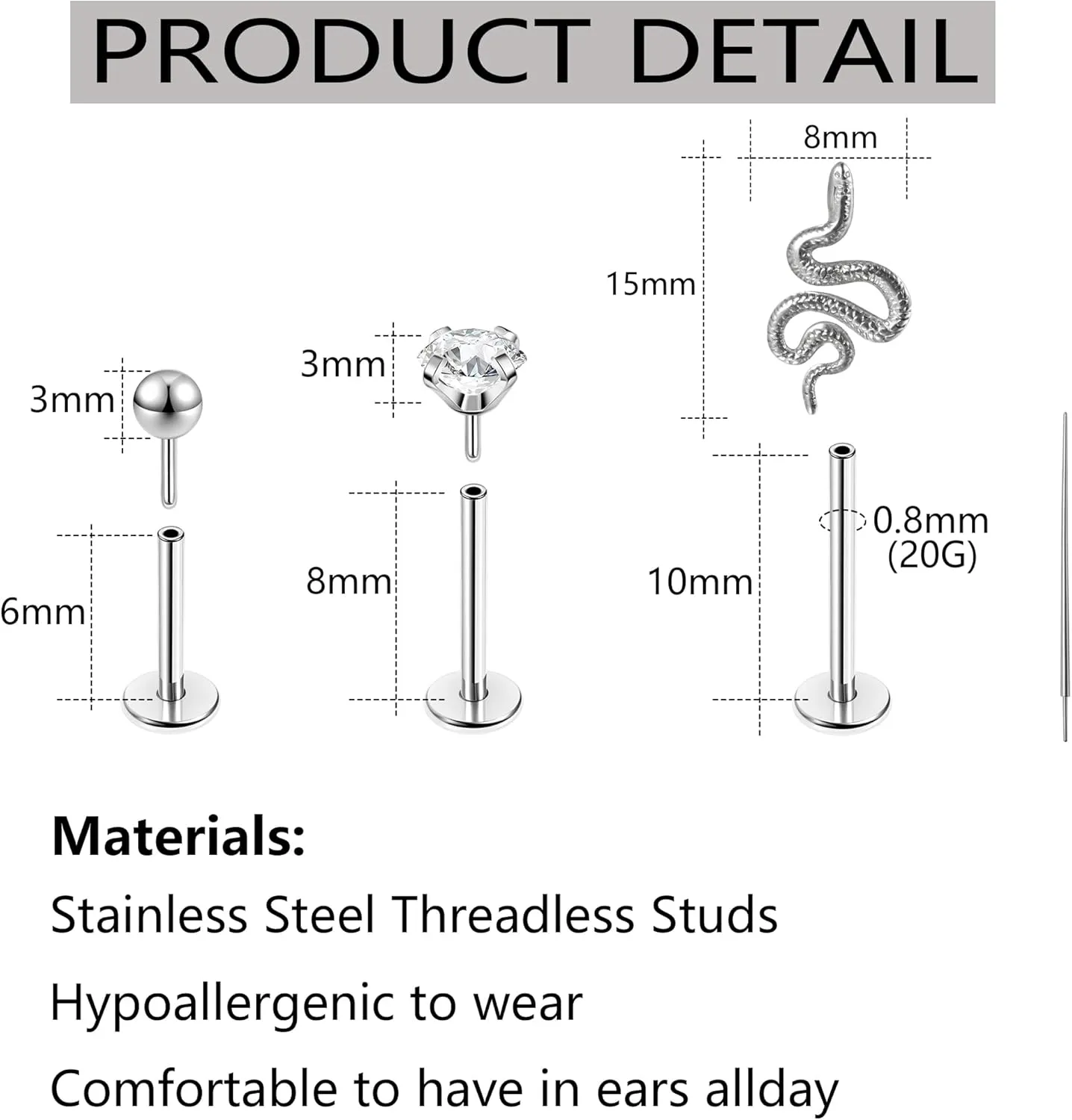 20G Flat Back Earrings Push In Flat Back Stud Earrings Black Threadless Nose Stud Black Threadless Nose Studs for Women