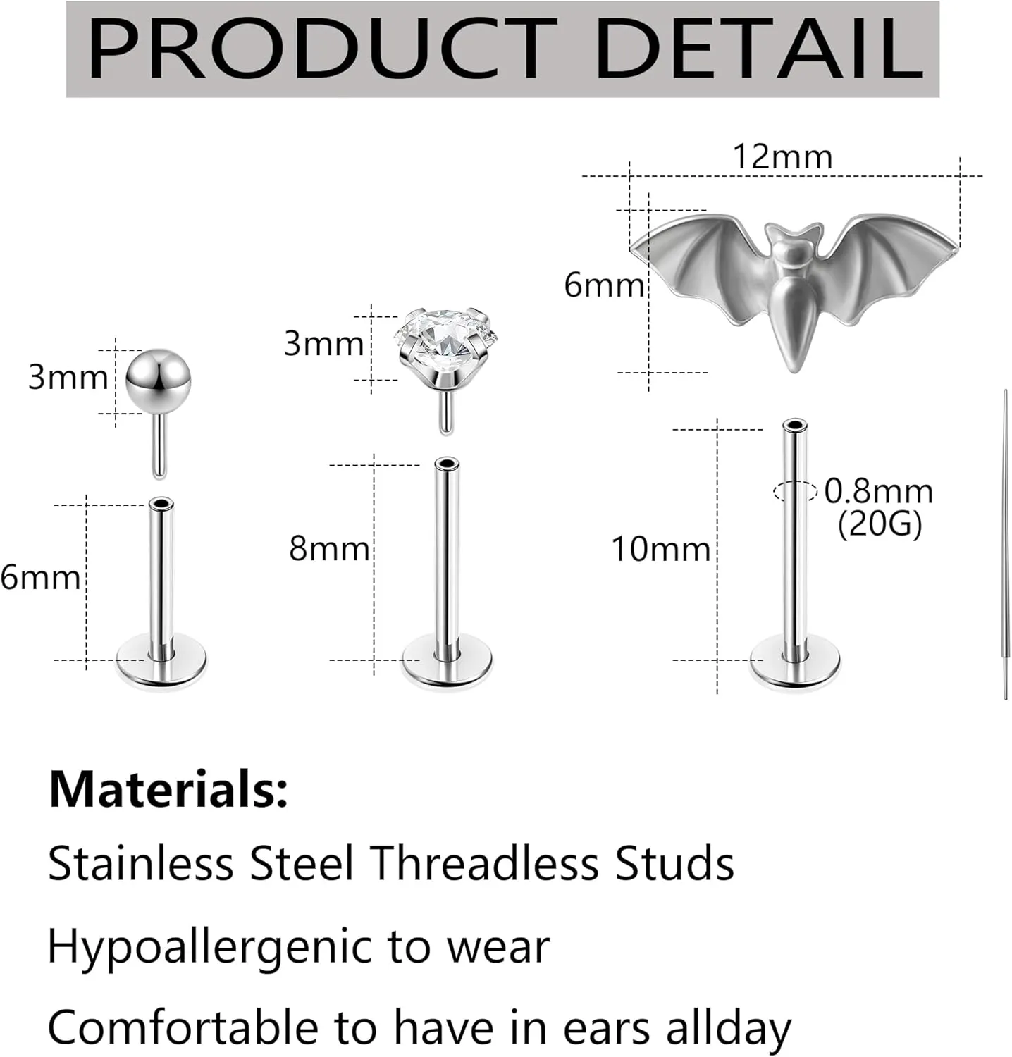 20G Flat Back Earrings Push In Flat Back Stud Earrings Black Threadless Nose Stud Black Threadless Nose Studs for Women