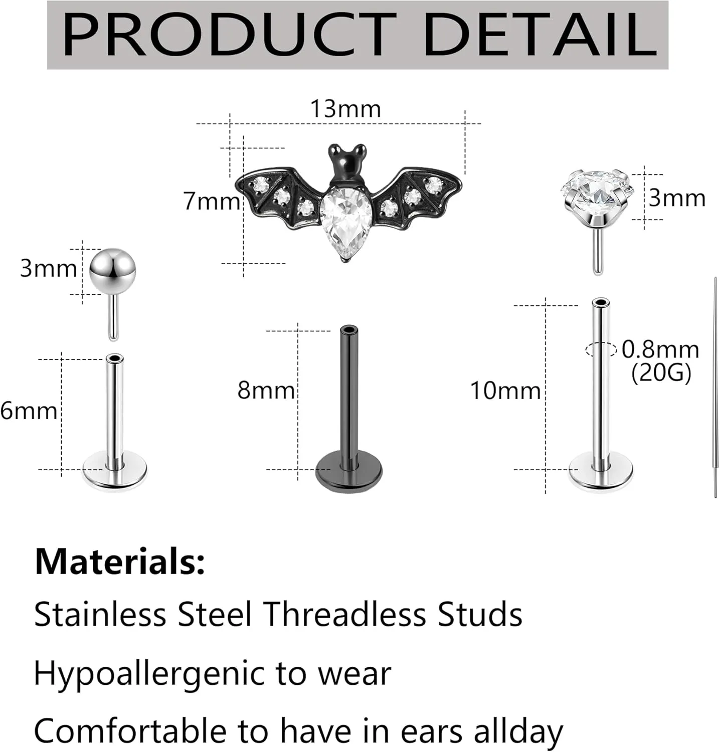20G Flat Back Earrings Push In Flat Back Stud Earrings Black Threadless Nose Stud Black Threadless Nose Studs for Women