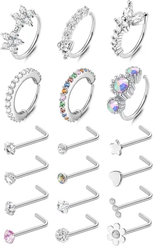 20G Nose Rings For Women Men 6PCS Stainless Steel Nose Rings Hoops 12PCS L Shape Nose Rings Studs Heart CZ 8mm Cartilage Hoop Flower Star Nose Piercing Jewelry