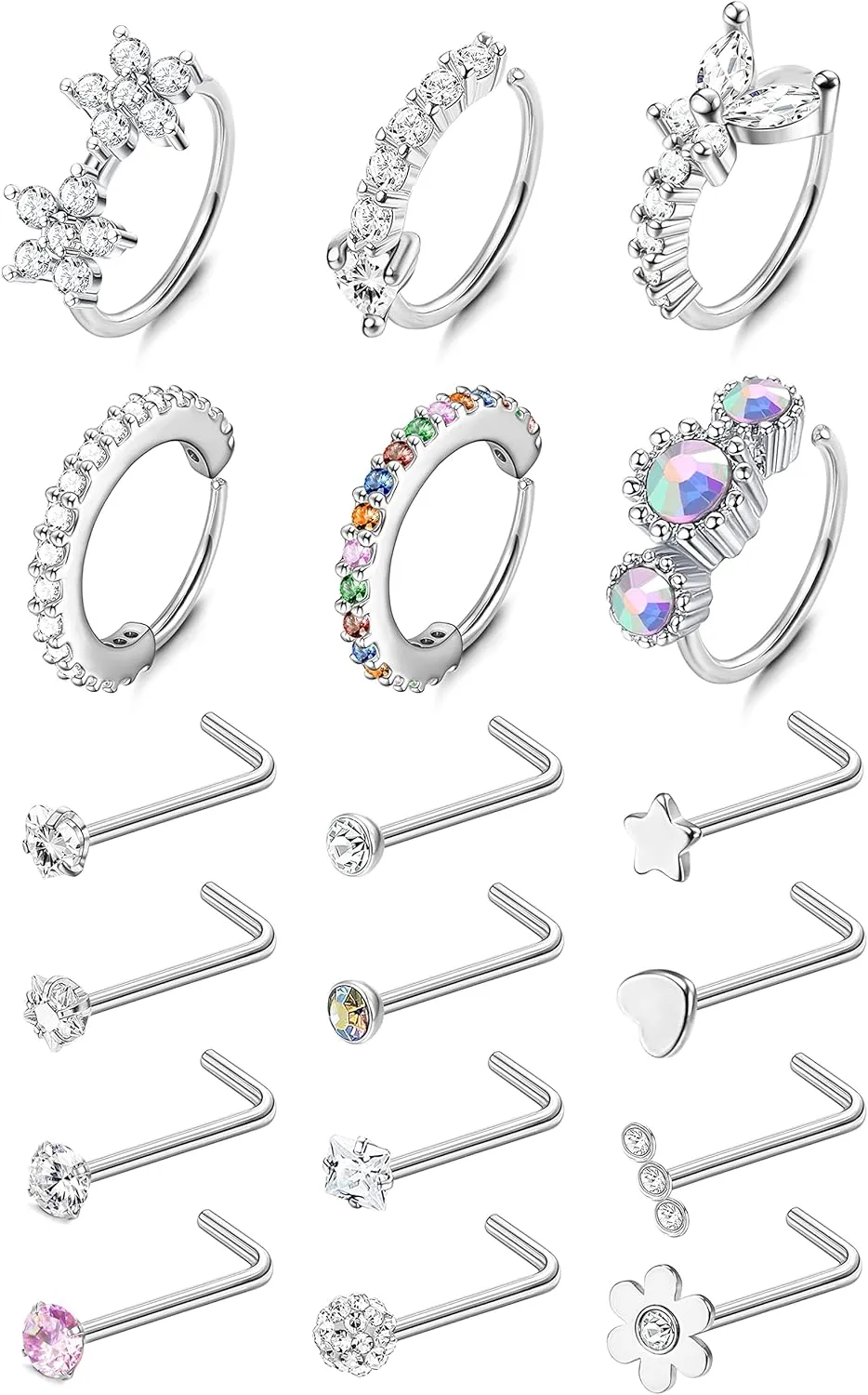 20G Nose Rings For Women Men 6PCS Stainless Steel Nose Rings Hoops 12PCS L Shape Nose Rings Studs Heart CZ 8mm Cartilage Hoop Flower Star Nose Piercing Jewelry