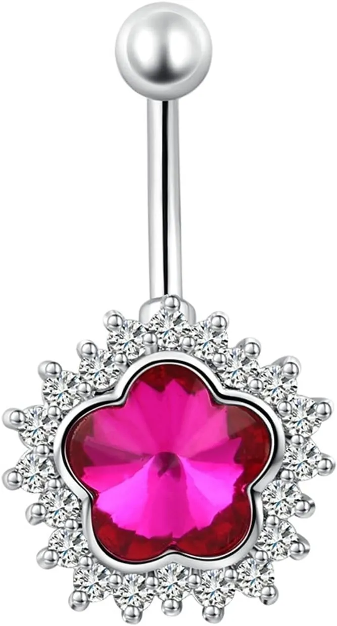 21St Birthday Gifts for Women, Belly Button Ring Crystal Cubic Zirconia Purple Surgical Steel Flower 3.98G for Women Girls Body Piercing Jewelry