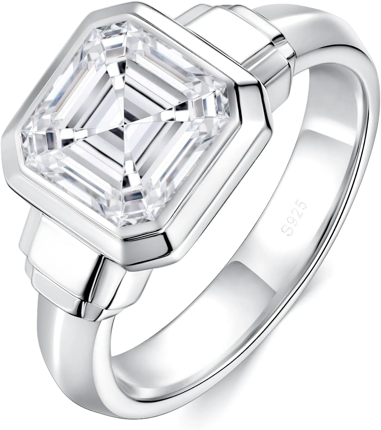 2.5CT Moissanite Solitaire Engagement Ring for Women Men,Asscher Cut Unisex Wedding Ring 925 Sterling Silver with 18K White Gold Plated, Bezel Set Simulated Diamond Anniversary Promise Ring