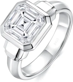 2.5CT Moissanite Solitaire Engagement Ring for Women Men,Asscher Cut Unisex Wedding Ring 925 Sterling Silver with 18K White Gold Plated, Bezel Set Simulated Diamond Anniversary Promise Ring