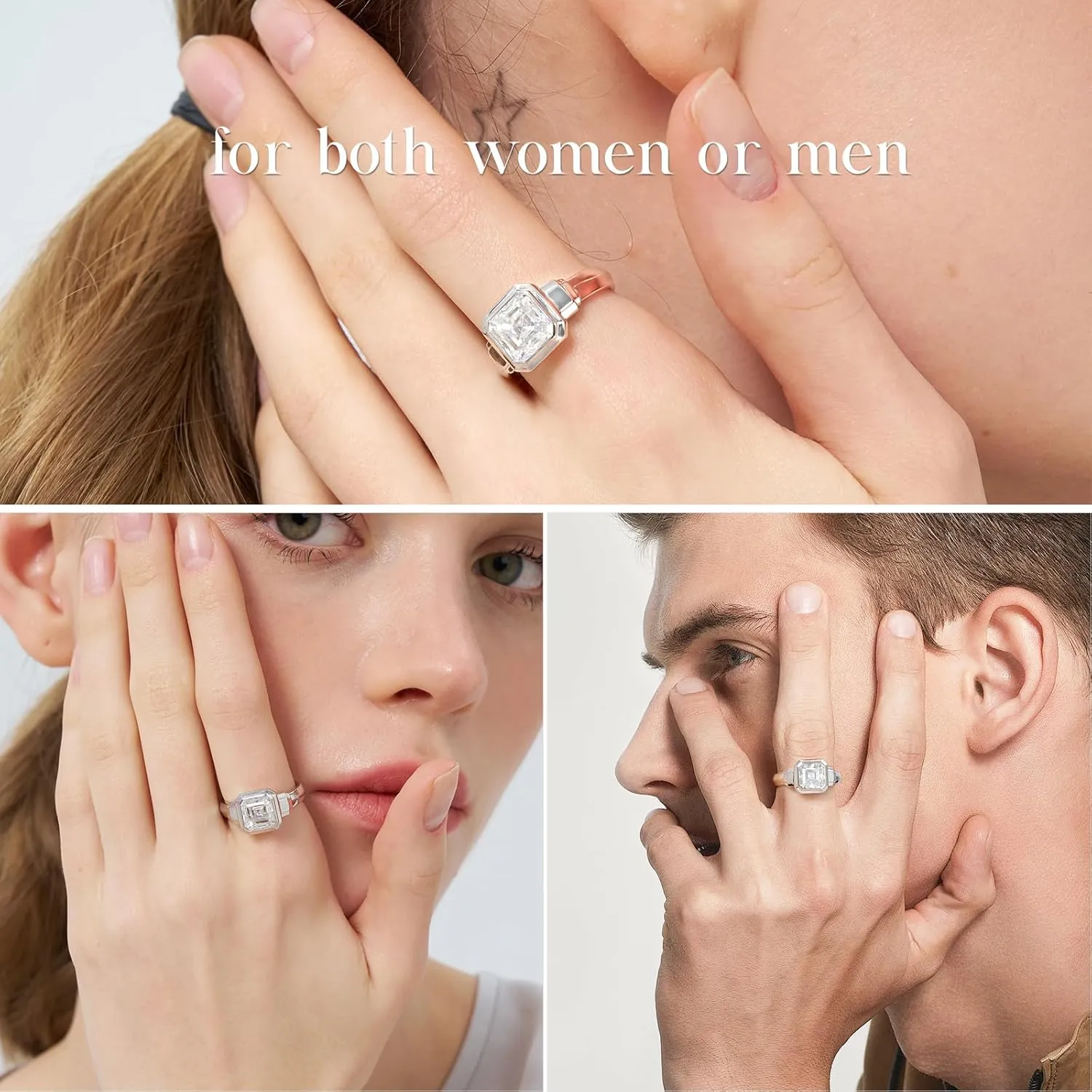 2.5CT Moissanite Solitaire Engagement Ring for Women Men,Asscher Cut Unisex Wedding Ring 925 Sterling Silver with 18K White Gold Plated, Bezel Set Simulated Diamond Anniversary Promise Ring