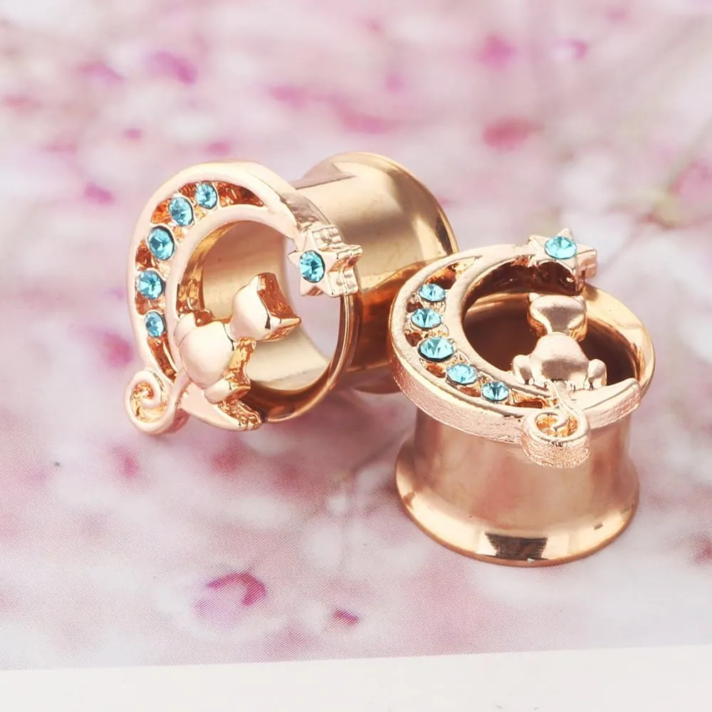 2PCS Cat Ear Tunnels Plugs with Diamond Inlay and Small Horn - Body Piercing Earrings for Stretched Earlobe, Punk Hip-Hop Jewelry