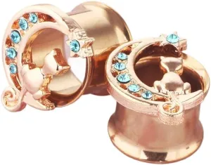 2PCS Cat Ear Tunnels Plugs with Diamond Inlay and Small Horn - Body Piercing Earrings for Stretched Earlobe, Punk Hip-Hop Jewelry