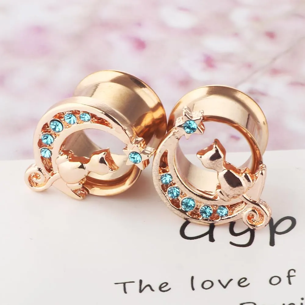 2PCS Cat Ear Tunnels Plugs with Diamond Inlay and Small Horn - Body Piercing Earrings for Stretched Earlobe, Punk Hip-Hop Jewelry