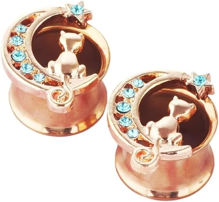 2PCS Cat Ear Tunnels Plugs with Diamond Inlay and Small Horn - Body Piercing Earrings for Stretched Earlobe, Punk Hip-Hop Jewelry