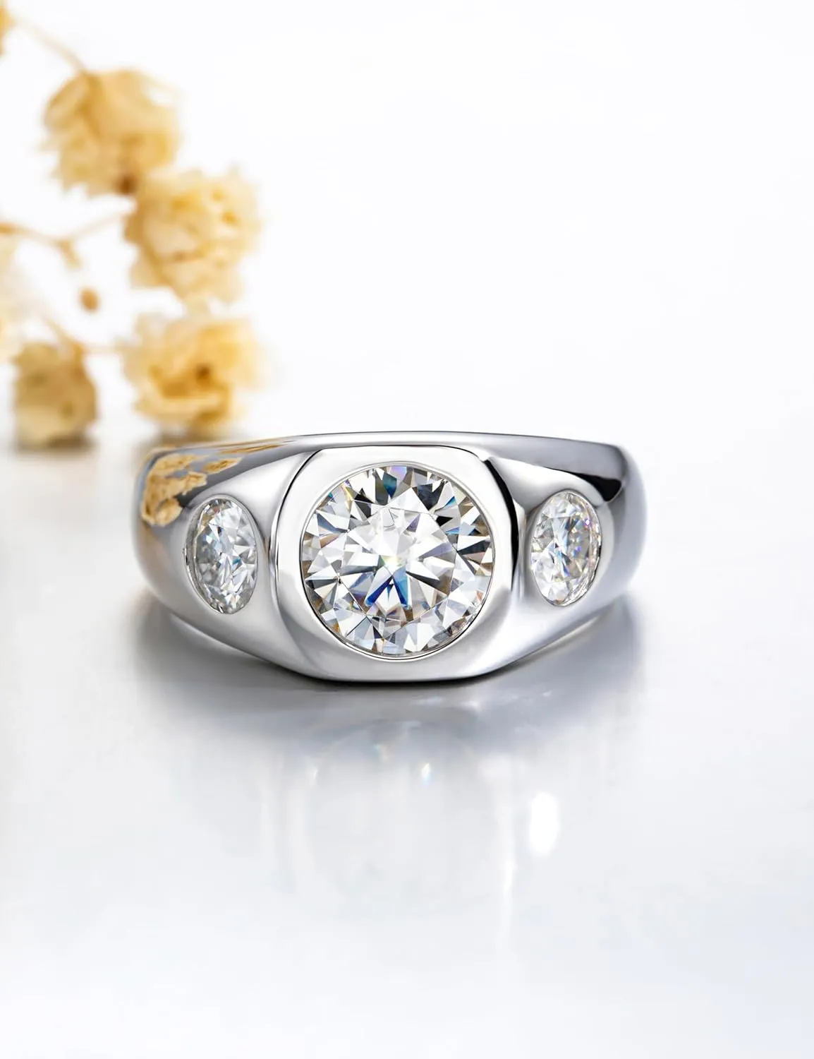 3 CTTW 3-Stone Moissanite Engagement Anniversary Promise Ring, 2 ct Center with 0.5 ct Side Stones, VVS D-color Moissanite, Platinum-Plated Silver Wide Band