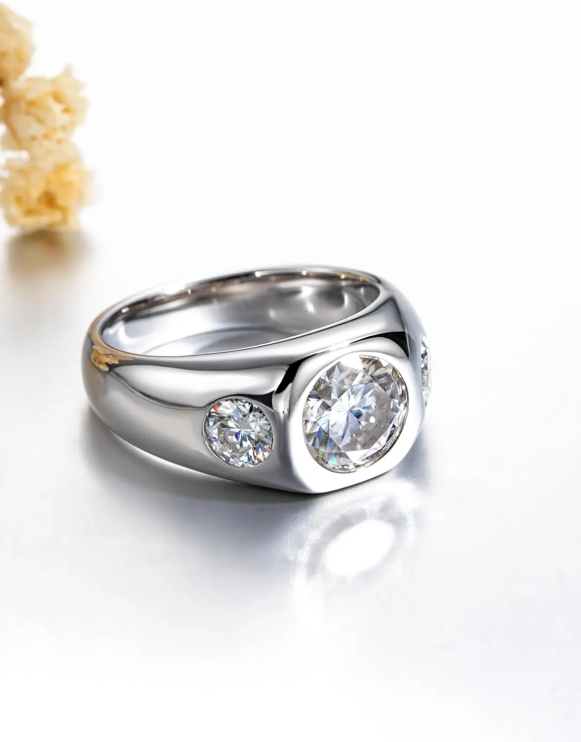 3 CTTW 3-Stone Moissanite Engagement Anniversary Promise Ring, 2 ct Center with 0.5 ct Side Stones, VVS D-color Moissanite, Platinum-Plated Silver Wide Band