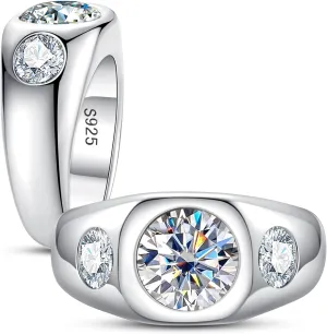 3 CTTW 3-Stone Moissanite Engagement Anniversary Promise Ring, 2 ct Center with 0.5 ct Side Stones, VVS D-color Moissanite, Platinum-Plated Silver Wide Band