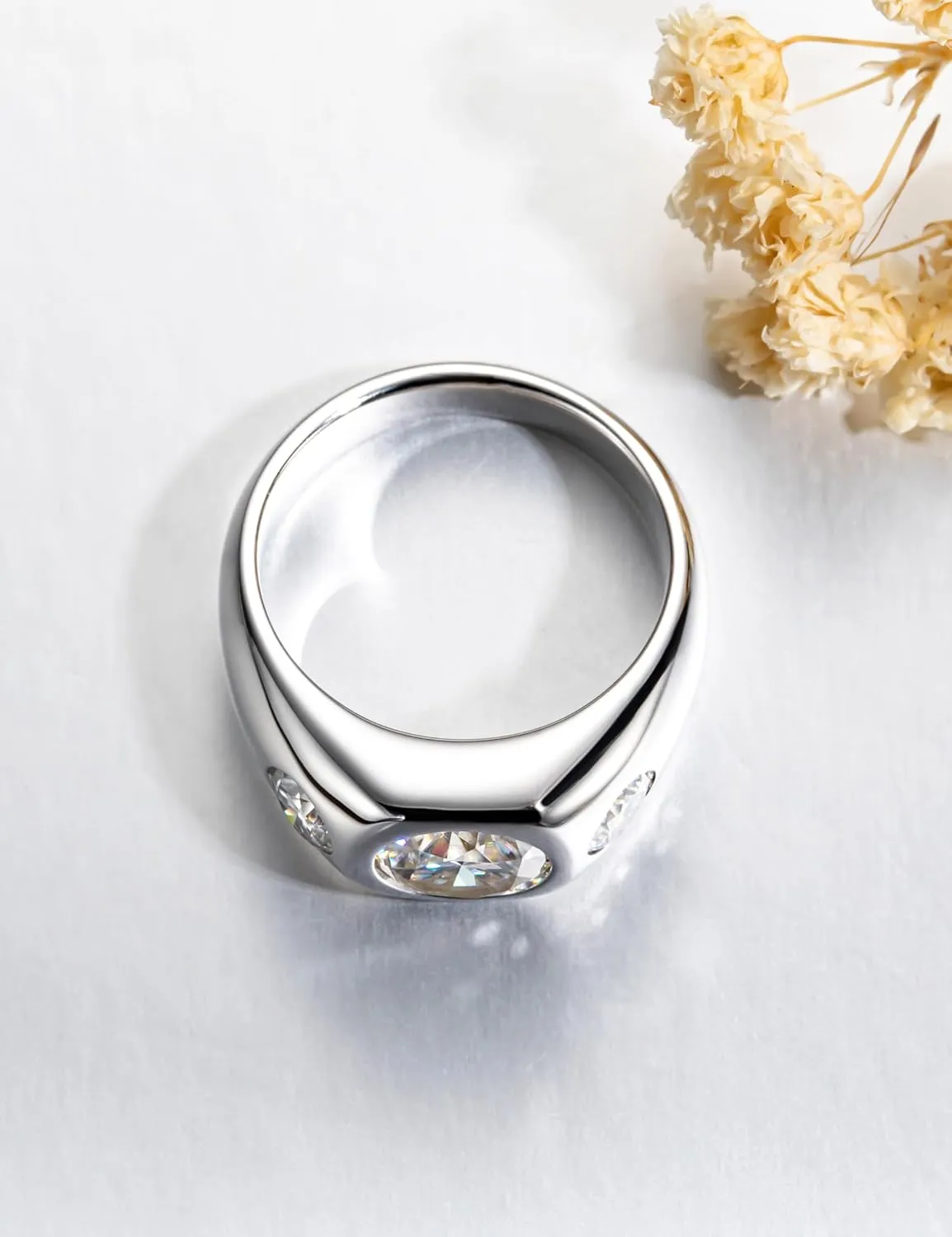 3 CTTW 3-Stone Moissanite Engagement Anniversary Promise Ring, 2 ct Center with 0.5 ct Side Stones, VVS D-color Moissanite, Platinum-Plated Silver Wide Band