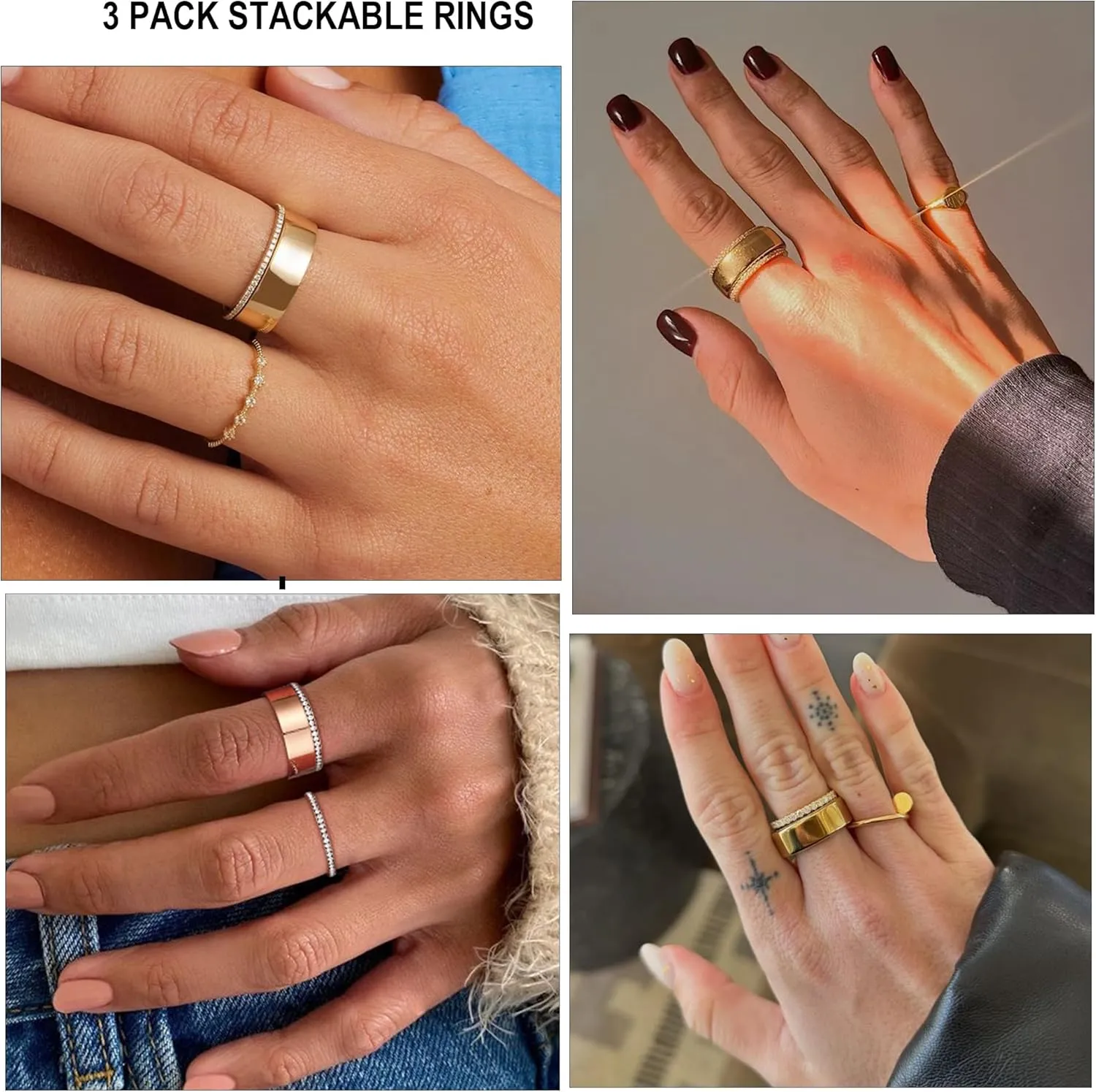 3-Pack Gold Stacking Rings for Ouras Gen 4/Ouras Gen 3, Cubic Zirconia Simulated Diamond Silver Ouras Ring Stackable Jewelry Gift for Women
