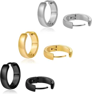 3 Pairs Hypoallergenic Small Hoop Earrings for Men, 316L Surgical Stainless Steel Black/Gold/Silver Earrings Huggie Jewelry Set for Mens Women 12/14/16mm