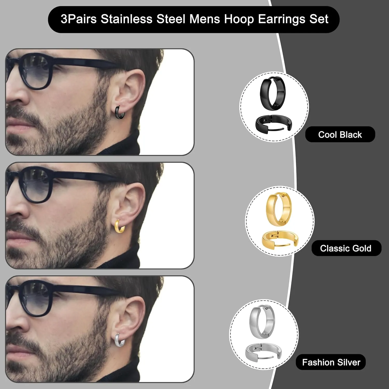 3 Pairs Hypoallergenic Small Hoop Earrings for Men, 316L Surgical Stainless Steel Black/Gold/Silver Earrings Huggie Jewelry Set for Mens Women 12/14/16mm
