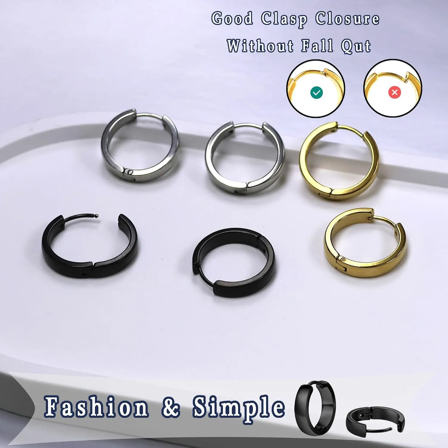 3 Pairs Hypoallergenic Small Hoop Earrings for Men, 316L Surgical Stainless Steel Black/Gold/Silver Earrings Huggie Jewelry Set for Mens Women 12/14/16mm