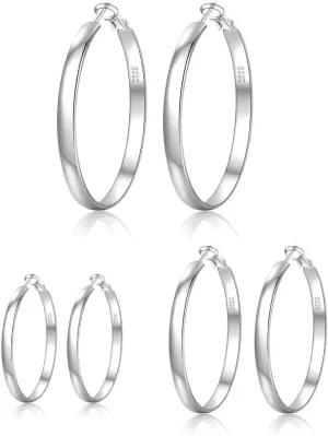 3 pairs Wide silver hoop earrings for women(40/50/60 mm), hypoallergenic 925silver big hoop earrings for women,sterling large hoop earrings 14K white Gold plated hoop earrings.