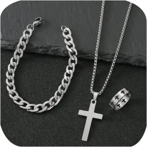 3 Pcs Man's Stainless Steel Cross Necklace Bracelet Ring Set Silver/Black Christian Gift Figaro Chain Necklace Crucifix Cross Pendant Cuban Chain Bracelet Hollow Cross Ring(Silver)