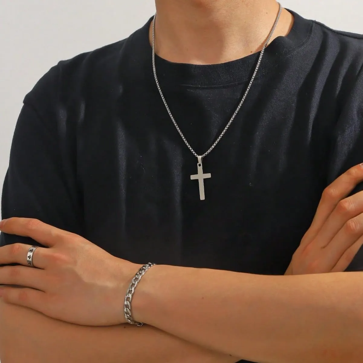 3 Pcs Man's Stainless Steel Cross Necklace Bracelet Ring Set Silver/Black Christian Gift Figaro Chain Necklace Crucifix Cross Pendant Cuban Chain Bracelet Hollow Cross Ring(Silver)