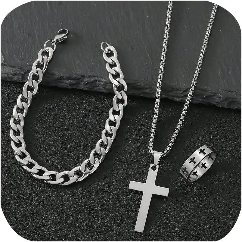 3 Pcs Man's Stainless Steel Cross Necklace Bracelet Ring Set Silver/Black Christian Gift Figaro Chain Necklace Crucifix Cross Pendant Cuban Chain Bracelet Hollow Cross Ring(Silver)