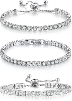 3 Pcs Tennis Bracelets for Women 14K Gold Plated 4mm 5A  Cubic Zirconia CZ Diamond Classic Adjustable Slider Bracelet Fashion Jewelry Wedding Gift Size 6.5-7.5 Inch