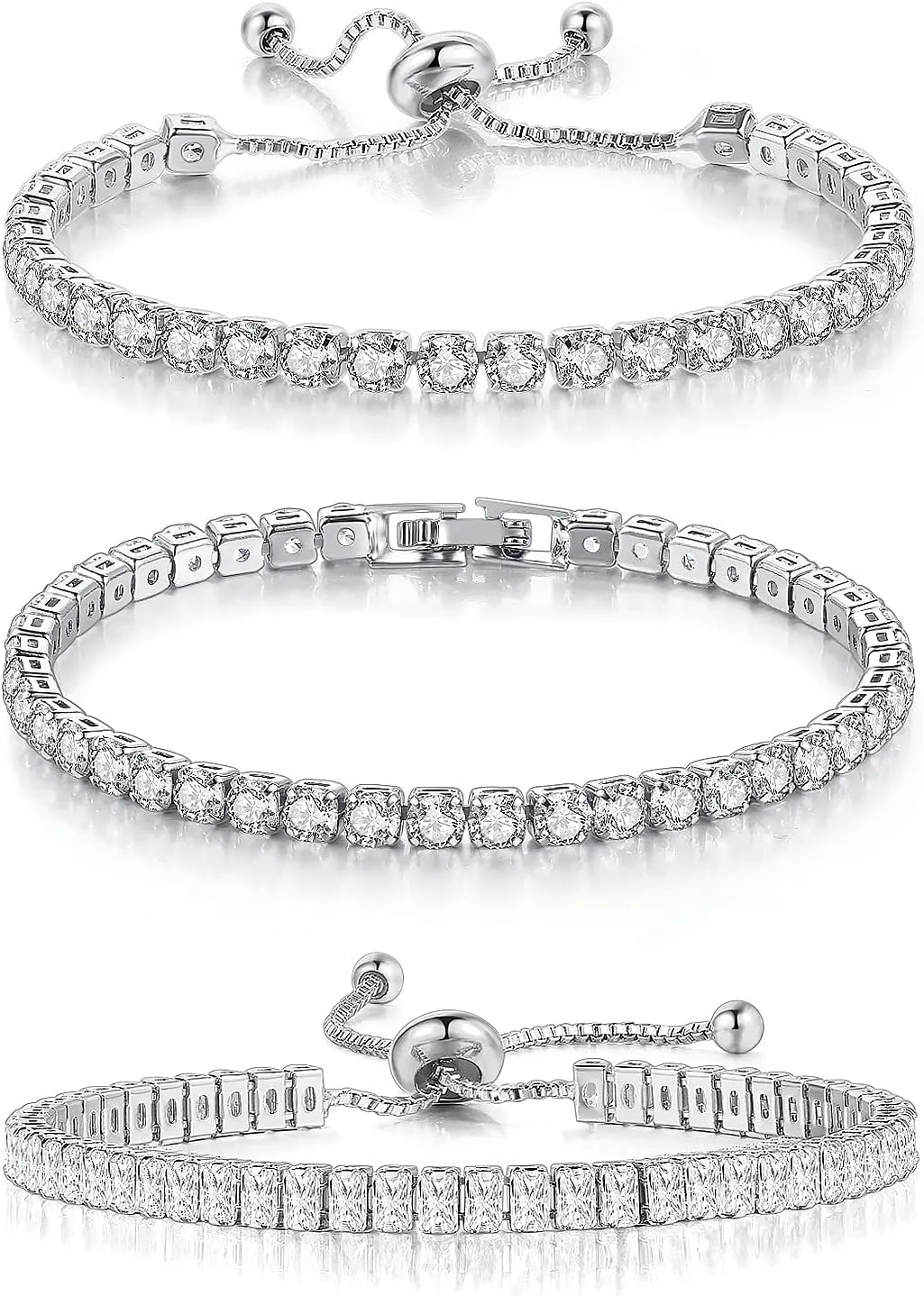 3 Pcs Tennis Bracelets for Women 14K Gold Plated 4mm 5A  Cubic Zirconia CZ Diamond Classic Adjustable Slider Bracelet Fashion Jewelry Wedding Gift Size 6.5-7.5 Inch