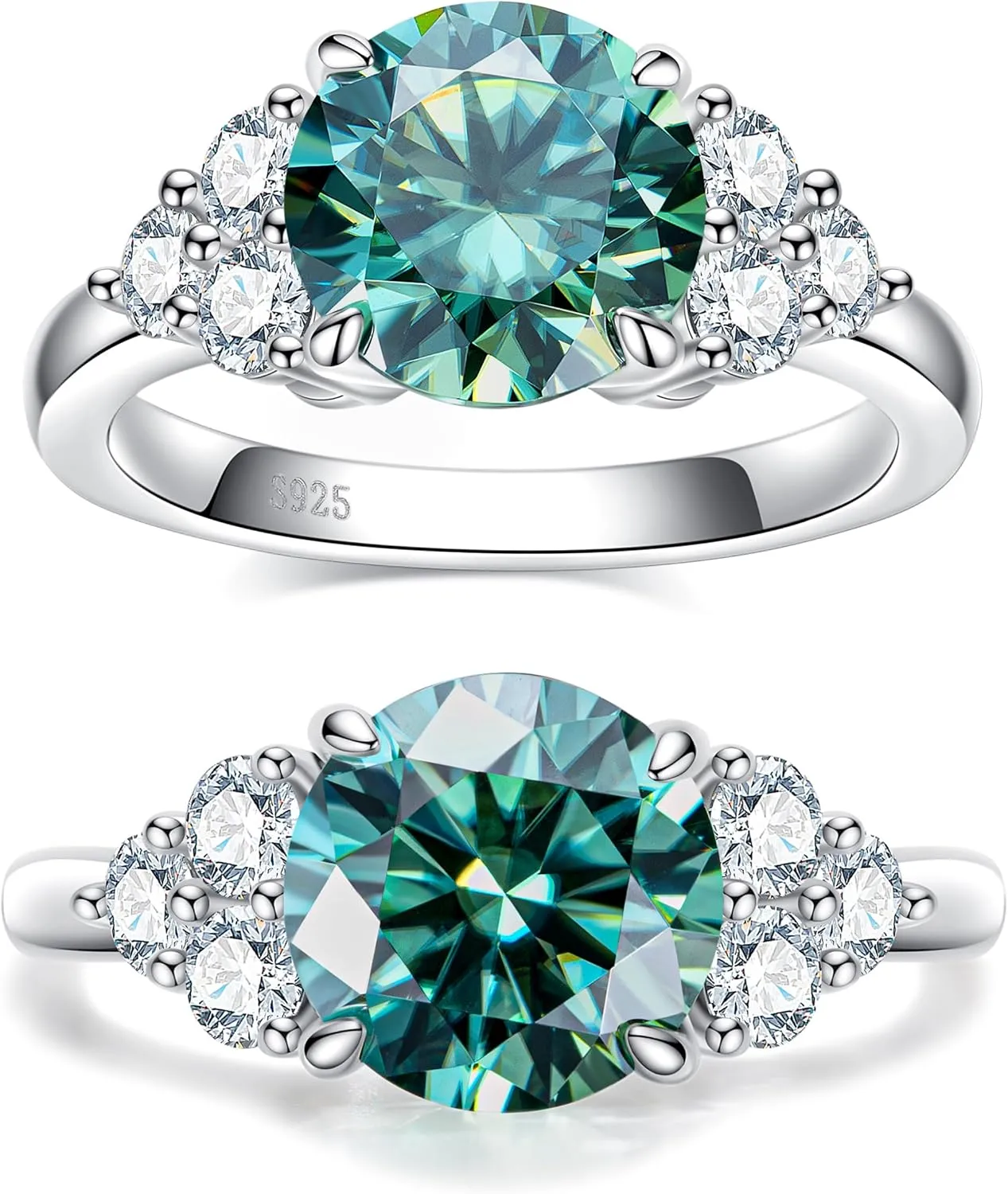 3.0 carat Fancy Vivid Blue Green Moissanite Ring 3.6 cttw Moissanite Engagement Rings for Women VVS D-color Certified Moissanite Anniversary Wedding Cluster Ring Platinum-Plated Silver Band
