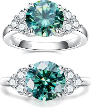 3.0 carat Fancy Vivid Blue Green Moissanite Ring 3.6 cttw Moissanite Engagement Rings for Women VVS D-color Certified Moissanite Anniversary Wedding Cluster Ring Platinum-Plated Silver Band