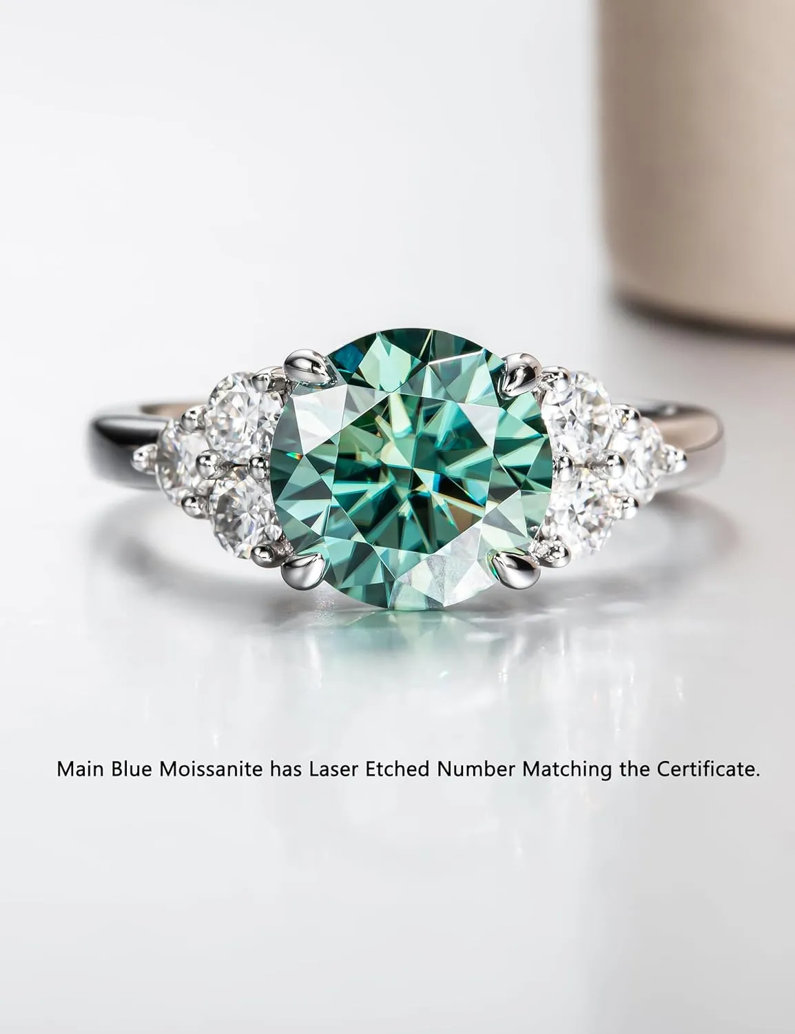 3.0 carat Fancy Vivid Blue Green Moissanite Ring 3.6 cttw Moissanite Engagement Rings for Women VVS D-color Certified Moissanite Anniversary Wedding Cluster Ring Platinum-Plated Silver Band